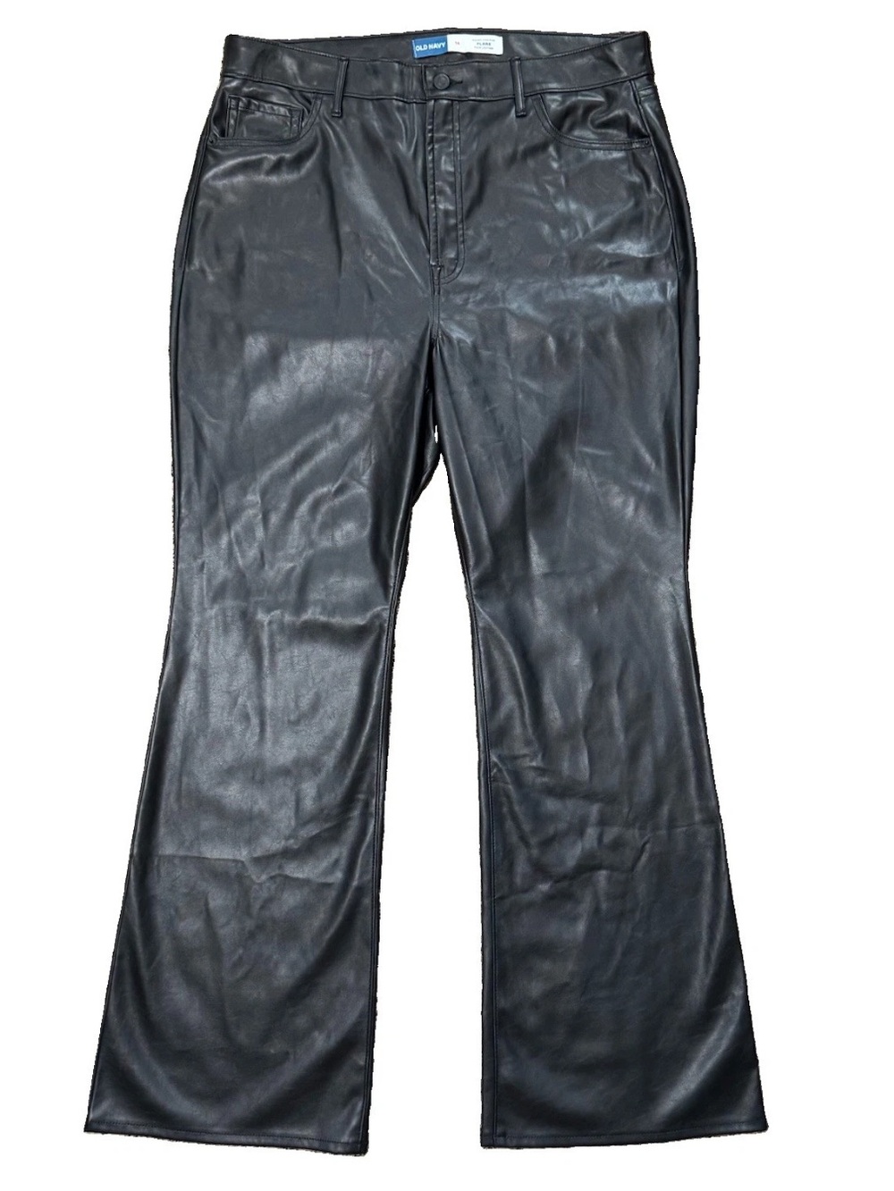 Old Navy Women's Black Faux Leather Flare Pants High Rise Wide Leg Boot 16 Moto